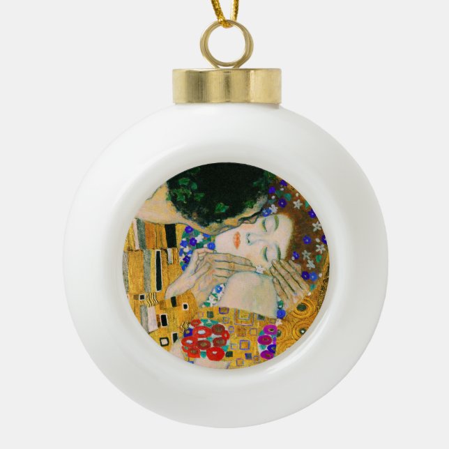 The Kiss by Gustav Klimt Ceramic Ball Christmas Ornament (Front)