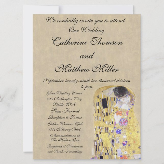 The Kiss by Klimt Creamy Sand Wedding Invitation (Front)