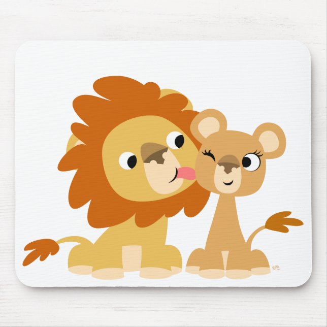 The Kiss: Cute Cartoon Lion Couple Mousepad (Front)