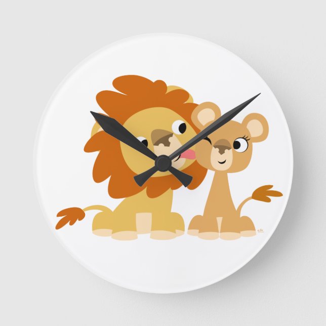 The Kiss: Cute Cartoon Lion Couple Wall Clock (Front)