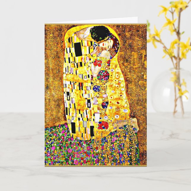 The Kiss, famous painting by Gustav Klimt Card (Yellow Flower)