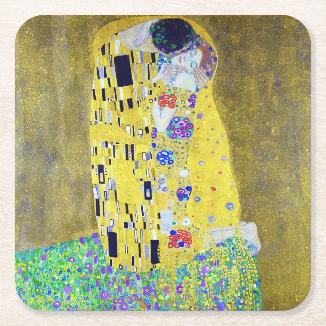 The Kiss, Gustav Klimt Square Paper Coaster (Front)
