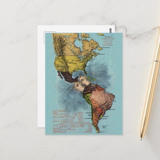 The Kiss of the Oceans, Vintage Map Postcard (Front/Back In Situ)