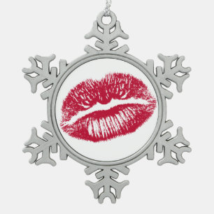 The Kiss, Red Lips Snowflake Pewter Christmas Ornament