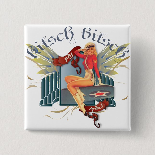 The Kitsch Bitsch : Fly Girl Tattoo Pin-Up 15 Cm Square Badge (Front)