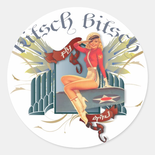 The Kitsch Bitsch : Fly Girl Tattoo Pin-Up Classic Round Sticker (Front)