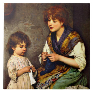 The Knitting Lesson, fine art painting Tile