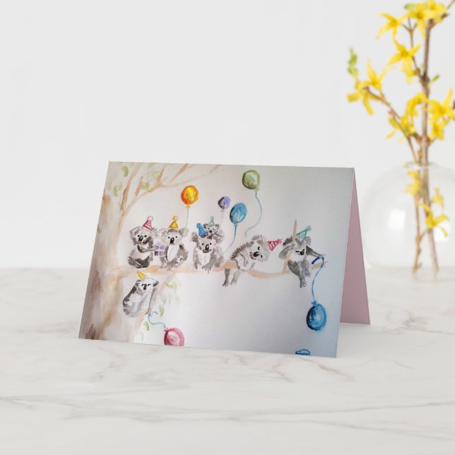 The Koala's Birthday Party Watercolour Childs Card (Yellow Flower)
