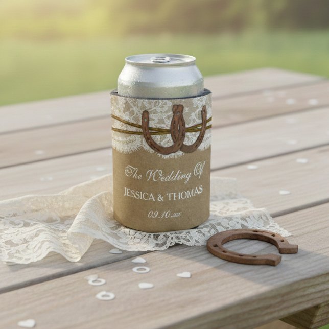 The Kraft, Lace & Horseshoe Wedding Collection Can Cooler (Creator Uploaded)