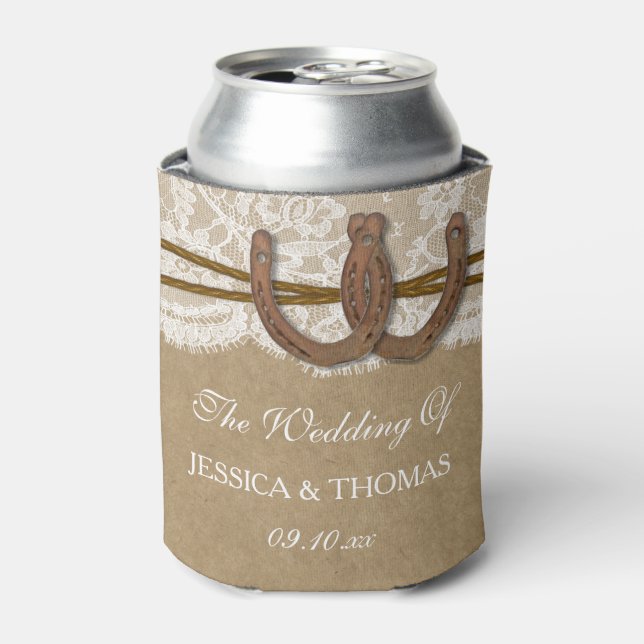 The Kraft, Lace & Horseshoe Wedding Collection Can Cooler (Can Front)