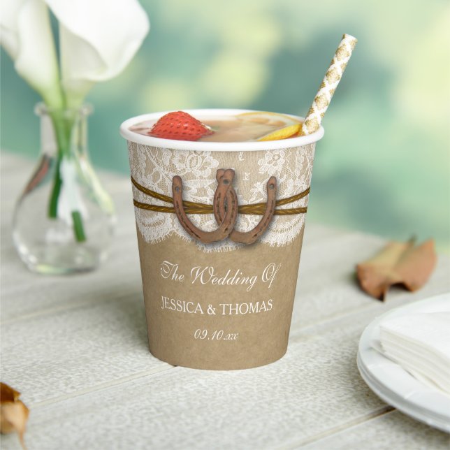 The Kraft, Lace & Horseshoe Wedding Collection Paper Cups (Insitu)