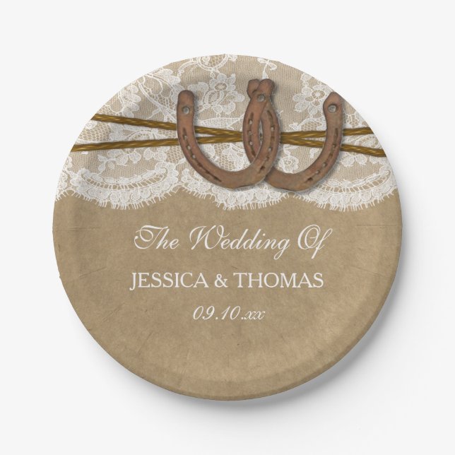 The Kraft, Lace & Horseshoe Wedding Collection Paper Plate (Front)