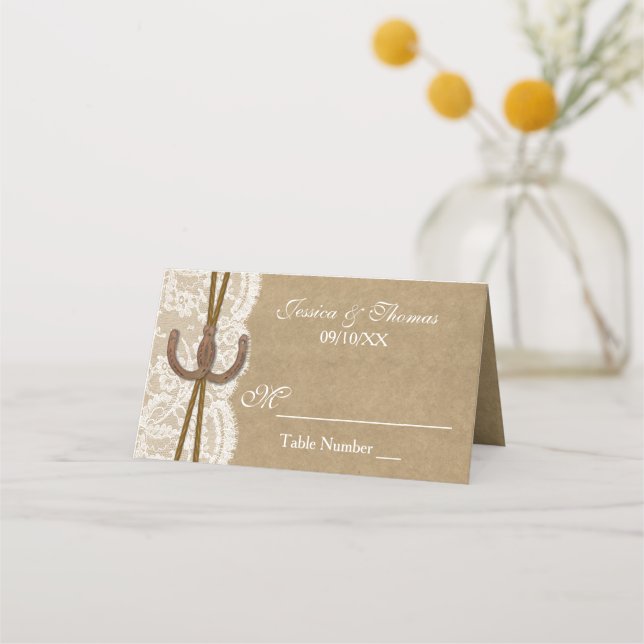 The Kraft, Lace & Horseshoe Wedding Collection Place Card (Front)