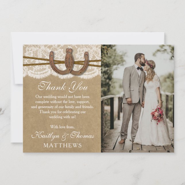 The Kraft, Lace & Horseshoe Wedding Collection Thank You Card (Front)