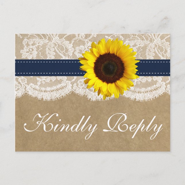 The Kraft, Lace & Sunflower Collection - Navy Invitation Postcard (Front)