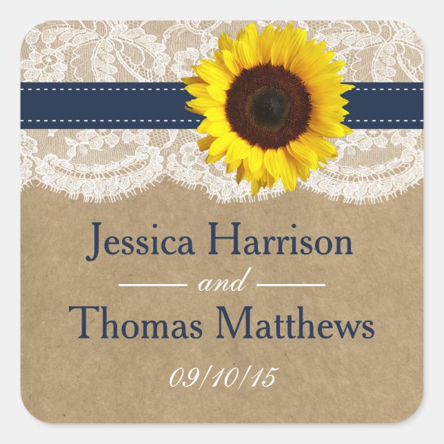 The Kraft, Lace & Sunflower Collection - Navy Square Sticker (Front)