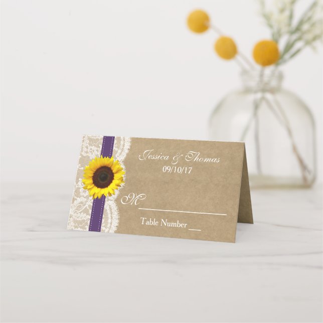 The Kraft, Lace & Sunflower Collection - Purple Place Card (Front)