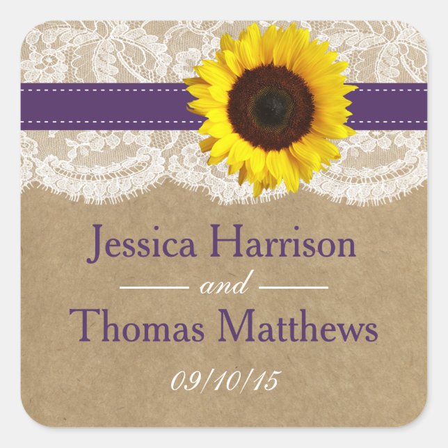 The Kraft, Lace & Sunflower Collection - Purple Square Sticker (Front)