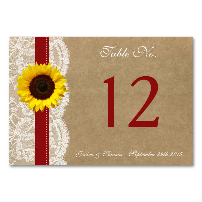 The Kraft, Lace & Sunflower Collection - Red Table Number (Front)