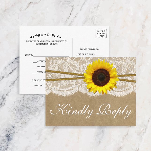 The Kraft, & Lace Sunflower Collection RSVP Invitation Postcard (Creator Uploaded)
