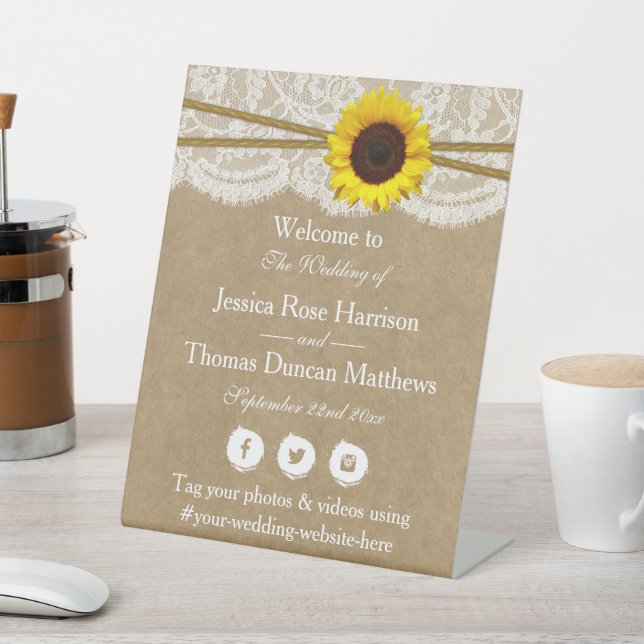 The Kraft, Lace & Sunflower Wedding Collection Pedestal Sign (In SItu)