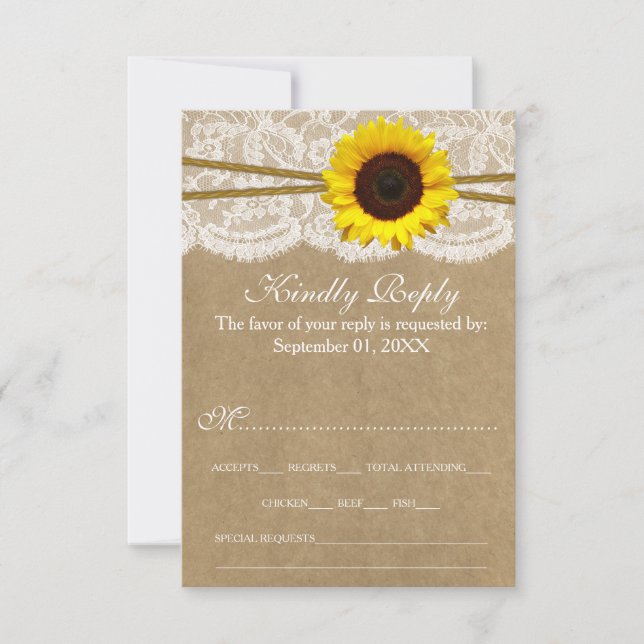 The Kraft, Lace & Sunflower Wedding Collection RSVP Card (Front)