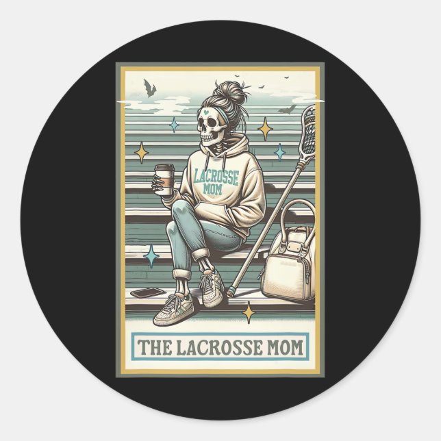 The Lacrosse Mum Skeleton Tarot Card Funny Mother' Classic Round Sticker (Front)
