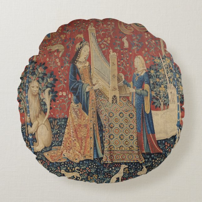 The Lady and the Unicorn: 'Hearing' Round Cushion (Front)
