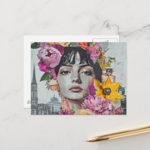 The Lady in a City Collage Flowers Buildings Postcard