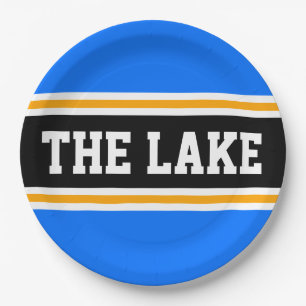THE LAKE Athletic Bright Blue Black Racing Stripes Paper Plate