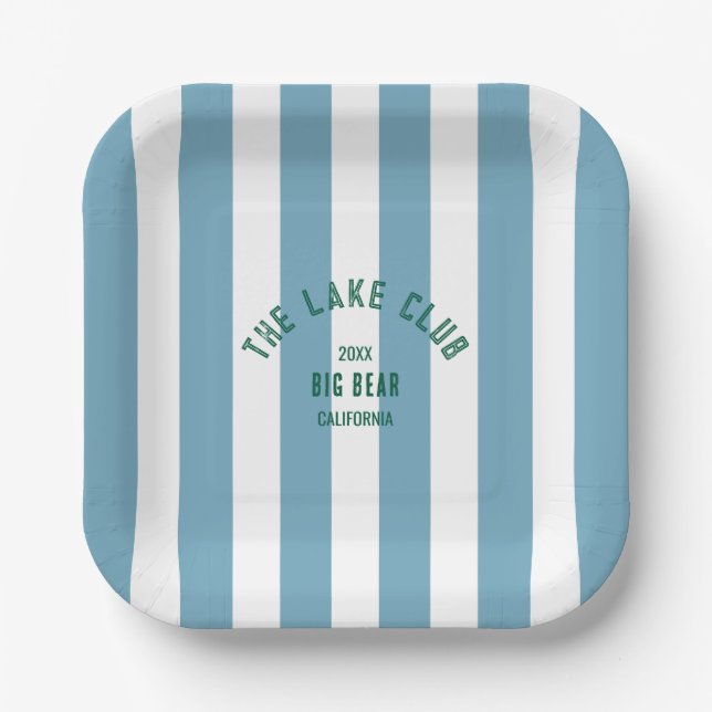 The Lake Club Custom Crest Blue Nautical Stripe Paper Plate (Front)