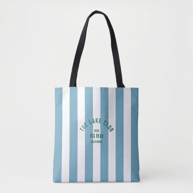 The Lake Club Green Crest Blue Nautical Stripe Tote Bag (Front)