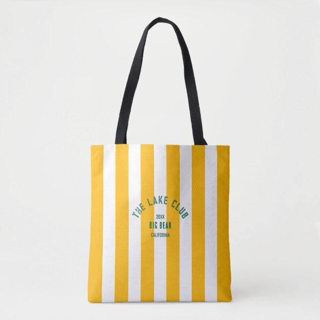 The Lake Club Green Crest Yellow Nautical Stripe Tote Bag (Front)