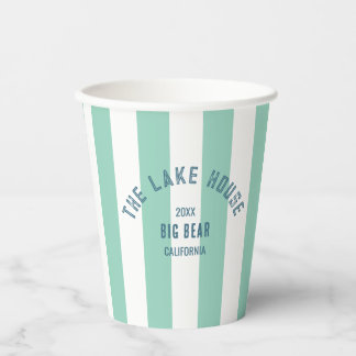 The Lake House Crest Green Nautical Stripe  Paper Cups
