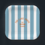 The Lake House Custom Crest Blue Nautical Stripe Paper Plate<br><div class="desc">These paper plates are perfect for your lake side gatherings in the garden, at the pier or on a boat... Blue nautical stripes with rust distressed custom lake club crest. Personalise with the details of your gathering... year, lake and destination. Perfect for a family or friends lake trip, lake theme...</div>