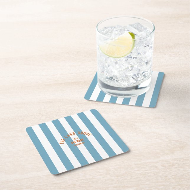 The Lake House Custom Crest Blue Nautical Stripe Square Paper Coaster (Insitu)