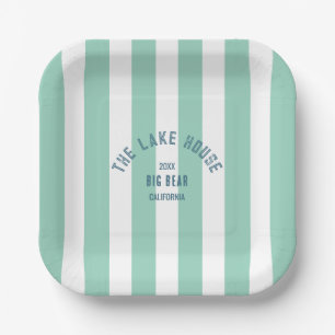 The Lake House Custom Crest Green Nautical Stripe Paper Plate