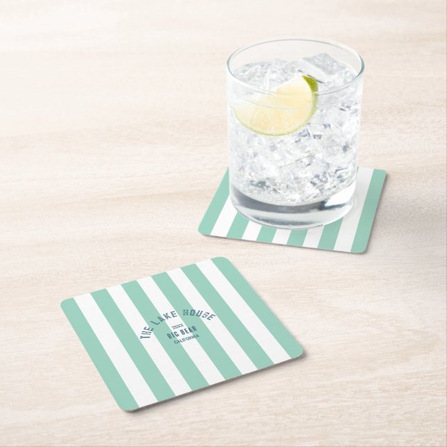 The Lake House Custom Crest Green Nautical Stripe Square Paper Coaster (Insitu)