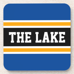 THE LAKE Royal Blue White Orange Black Stripes Coaster