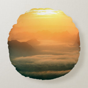 The landscape photo,  beautiful sea fog in morning round cushion