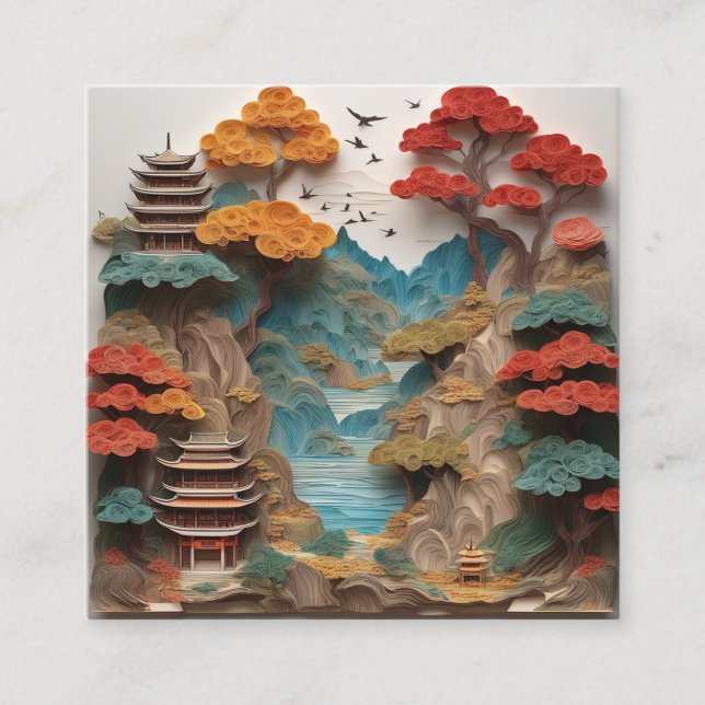 The layered paper Chinese cliff landscape is a bea Square Business Card (Front)