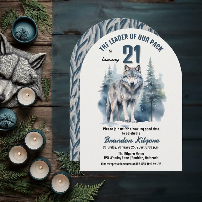 The Leader of Our Pack Wolf 21st Birthday Party Invitation ("The Leader of Our Pack is Turning 21" 21st Birthday Arched Invitation)