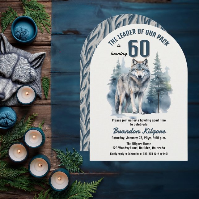 The Leader of Our Pack Wolf 60th Birthday Party Invitation ("The Leader of Our Pack is Turning 60" 60th Birthday Arched Invitation)