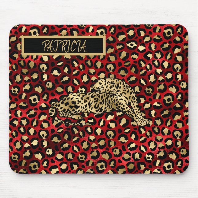 The Leopard Red Black Gold Funky Fun Name Mouse Mat (Front)