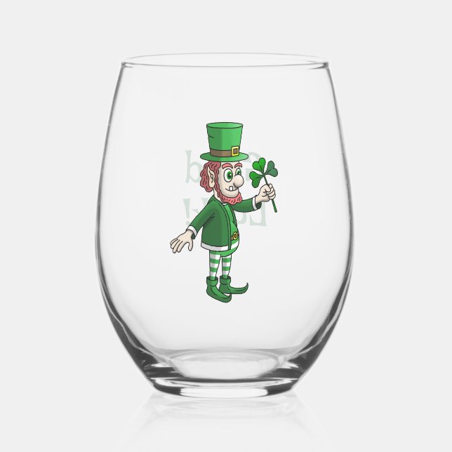 The Leprechaun with a shamrock Stemless Wine Glass (Front)