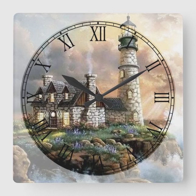 The Lighthouse Fine Art Roman Numeral Square Wall Clock (Front)