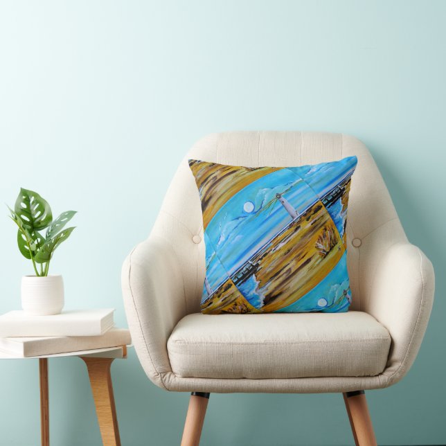 The Lighthouse on the Beach Painting by Alfred Fox Cushion (Chair)