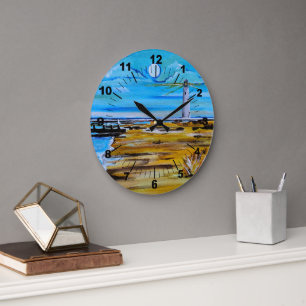 The Lighthouse on the Beach Painting by Alfred Fox Large Clock