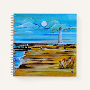 The Lighthouse on the Beach Painting by Alfred Fox Notebook