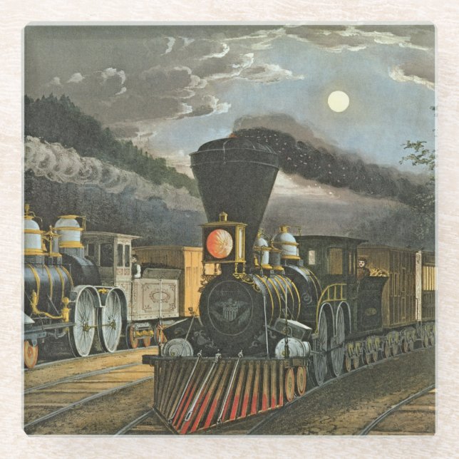 The Lightning Express Trains, 1863 Glass Coaster (Front)